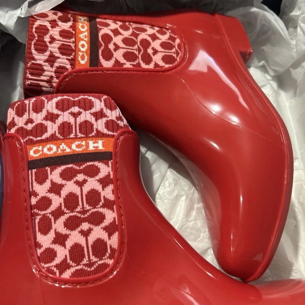 Coach Red Glossy Logo Rain Boots with Signature Knit Panel - Picture 3 of 3